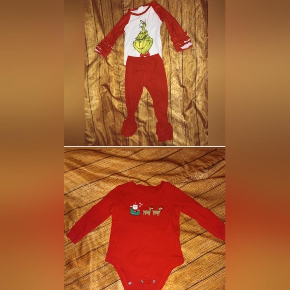 Bundle 🎄Grinch 🎁 12m girls shirt and pants set and a Santa 18m onesie